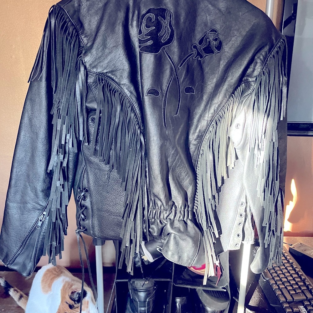 Biker riding jacket rose detail fringe